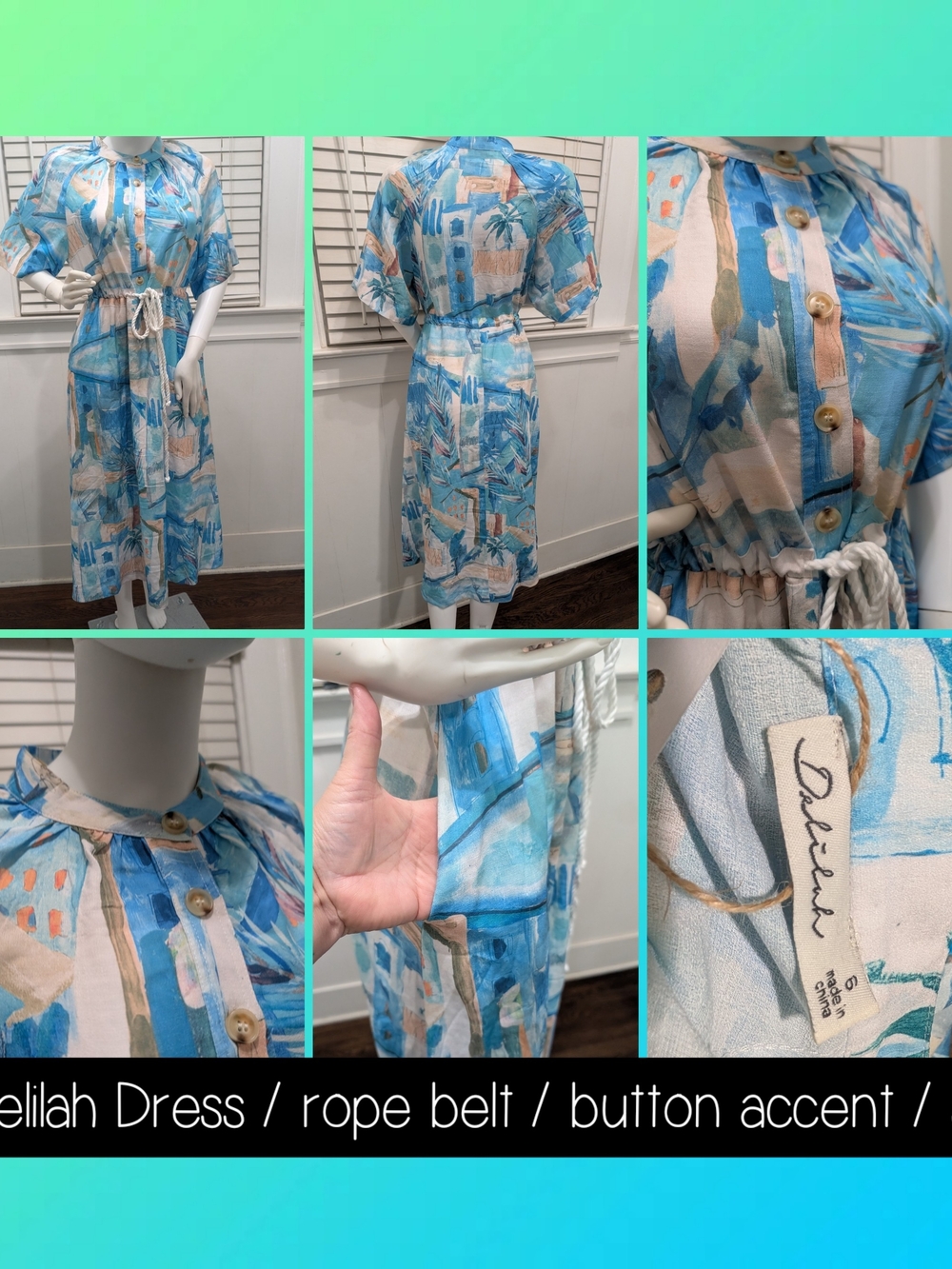 Delilah Wear Blue and Cream Abstract Midi Dress with Rope Belt